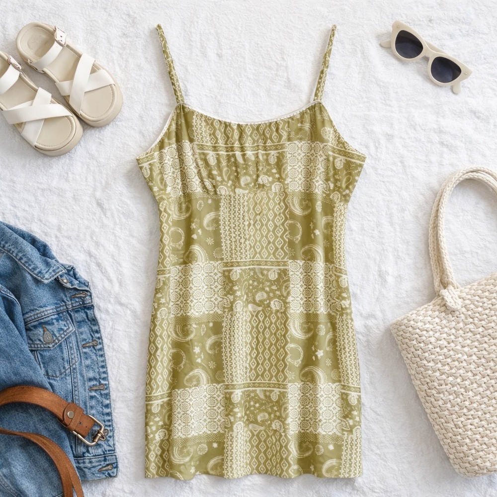 Boho Cottagecore Prairie Paisley Patchwork Y2K Slip Dress Camisole Olive Green L